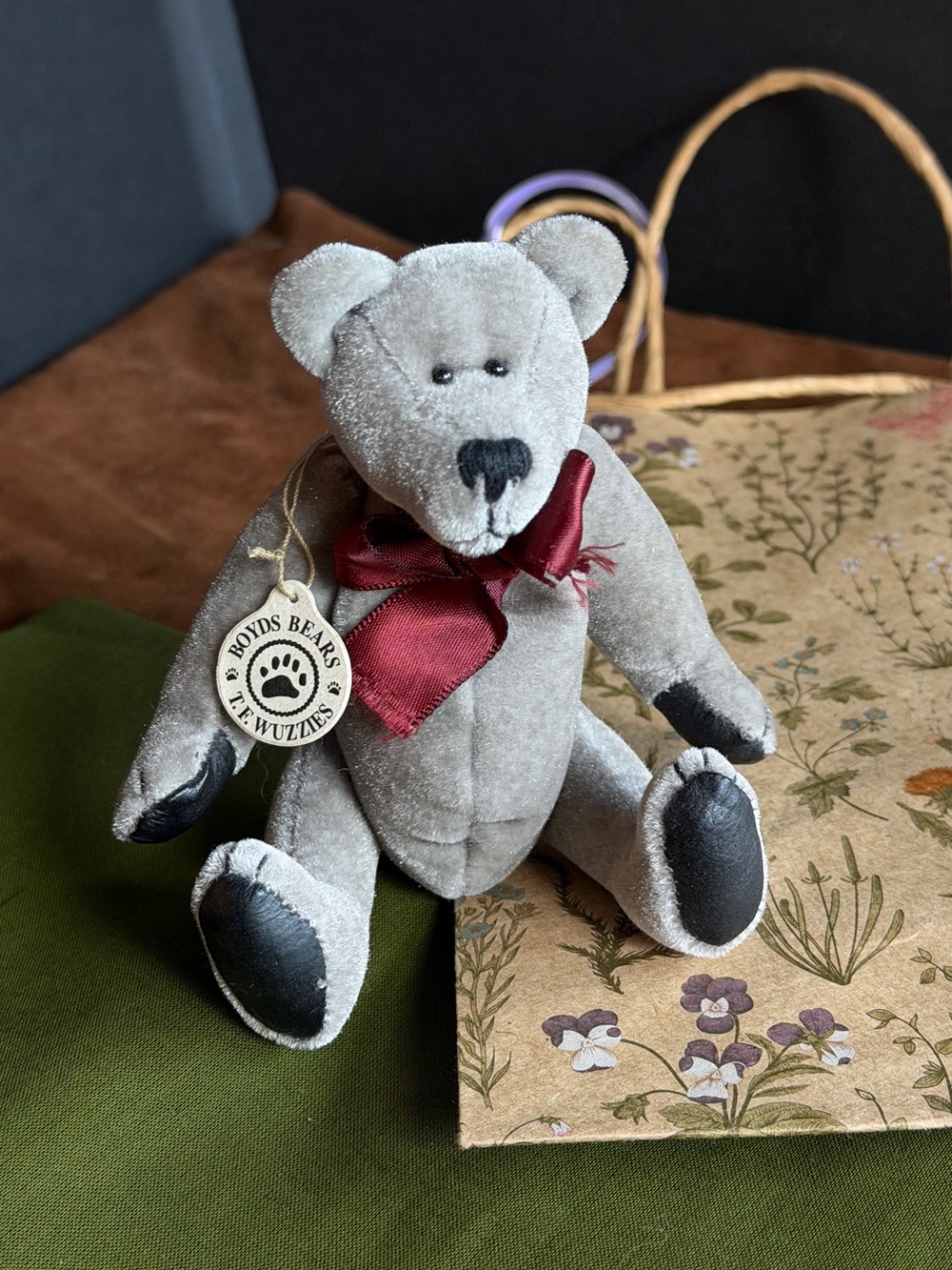 Boyds Bears Gray Plush Teddy with Maroon Ribbon